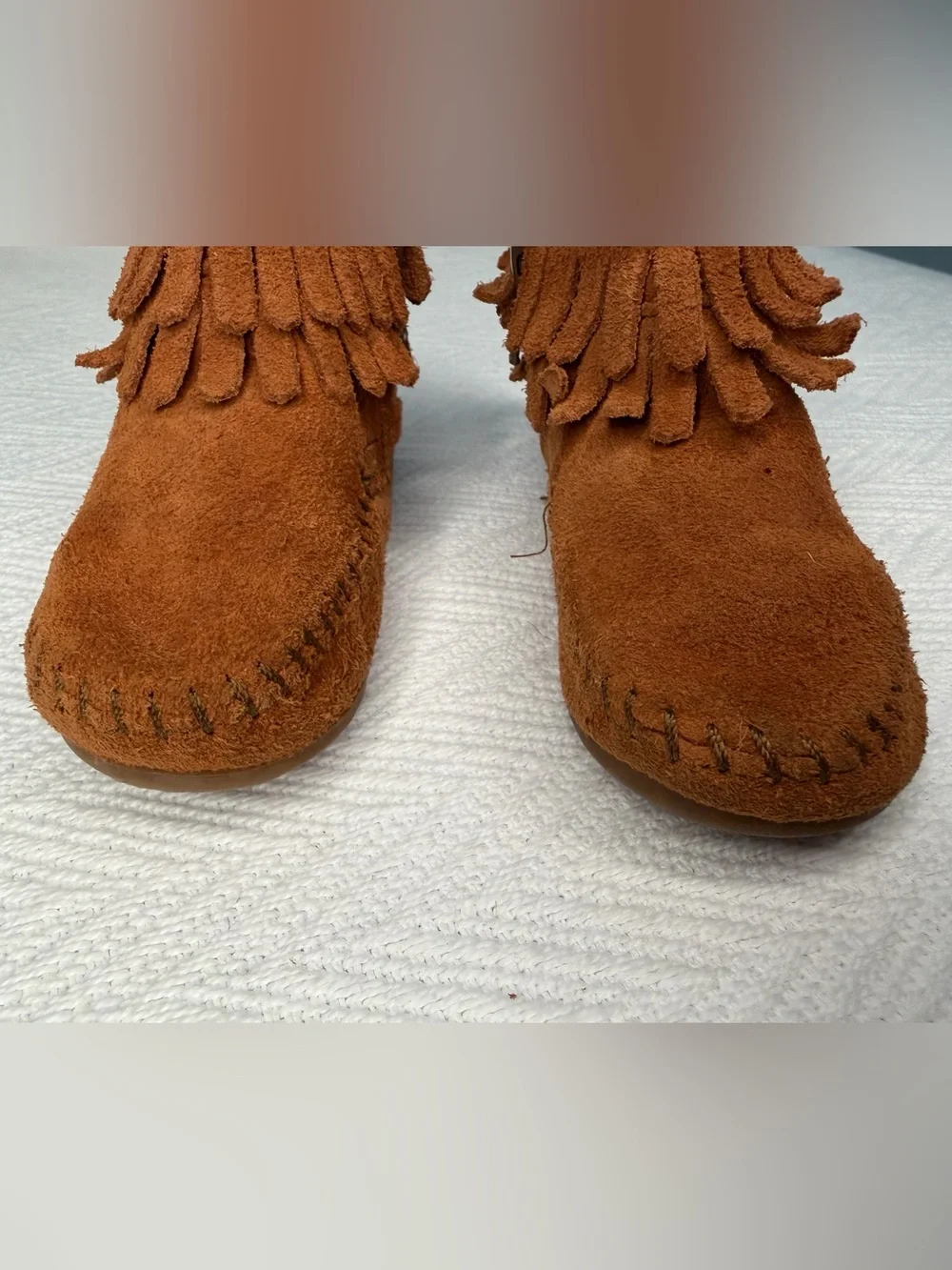 Minnetonka Leather 1292 Brown Double Fringe Bootie Moccasin Size 5 kids Side Zip